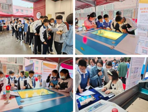展位前排起長長的隊伍，同學們對激光造物和開源機器人產生了濃厚的興趣。